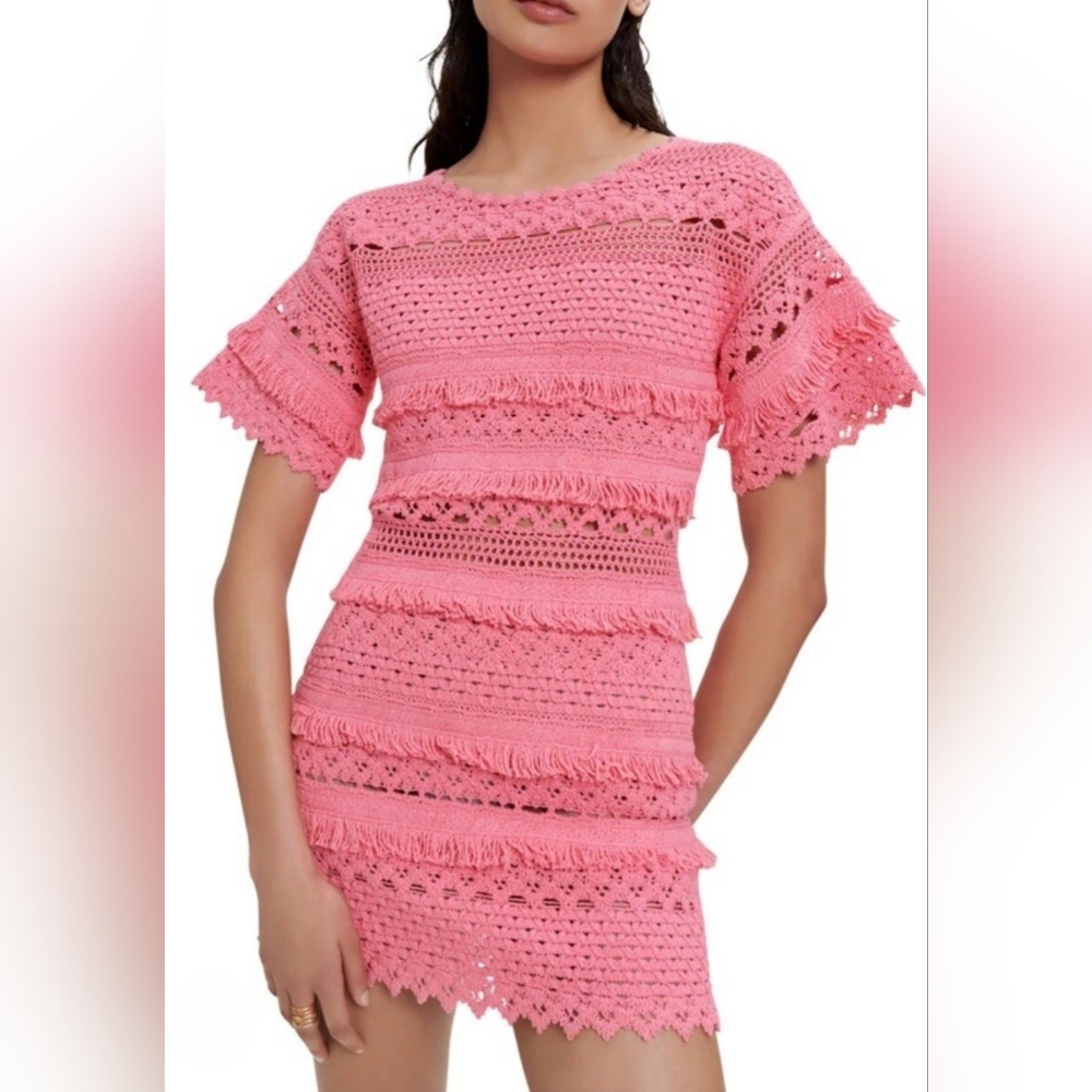 Maje Vibrant Pink Crochet Dress with Fringe
